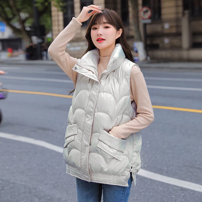 2021 Autumn Winter Korean Loose Women's Vest Down Cotton Bright  Fabric Wearing Warm Vest Girl Outdoor Student parka jacket Coats & Jackets