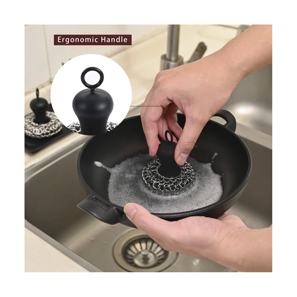 Cast Iron Cleaner Chainmail Scrubber with Pan Scraper, Ergonomic