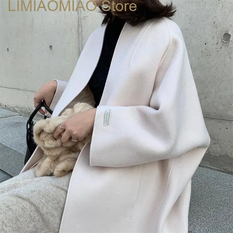New Spring Autumn Women Casual Loose Pocket Mid Length Imitation Woolen Clothes Cardigan Coat Beige Black Khaki Female Outwear