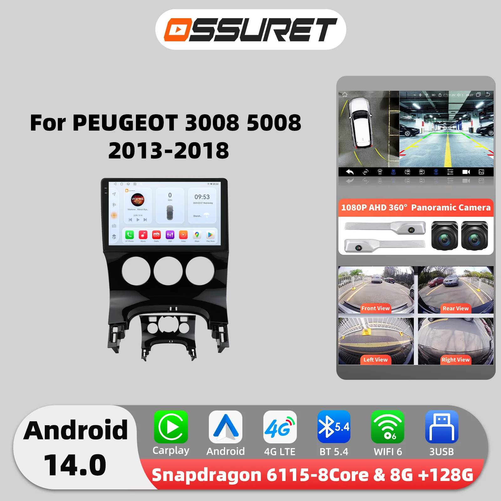 9 "2din Carplay Android 14 Auto radio Für PEUGEOT 3008 5008 2013-2018 Multimedia 6115 8 Core Autoradio GPS Stereo 360 Kamera Bildschirm
