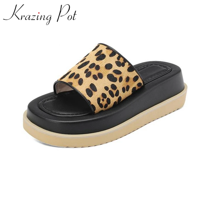 

Krazing Pot Horsehair Leopard Flat With Mules Flip Flops Leisure Summer Shoes Peep Toe Women Casual Fashion Outside Slippers Ins