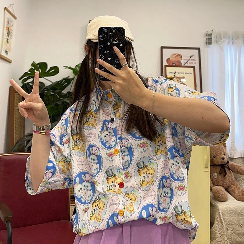 Homemade Vintage Cute Cat Showa Print Hong Kong Style Yappy Short Sleeve Shirts Summer