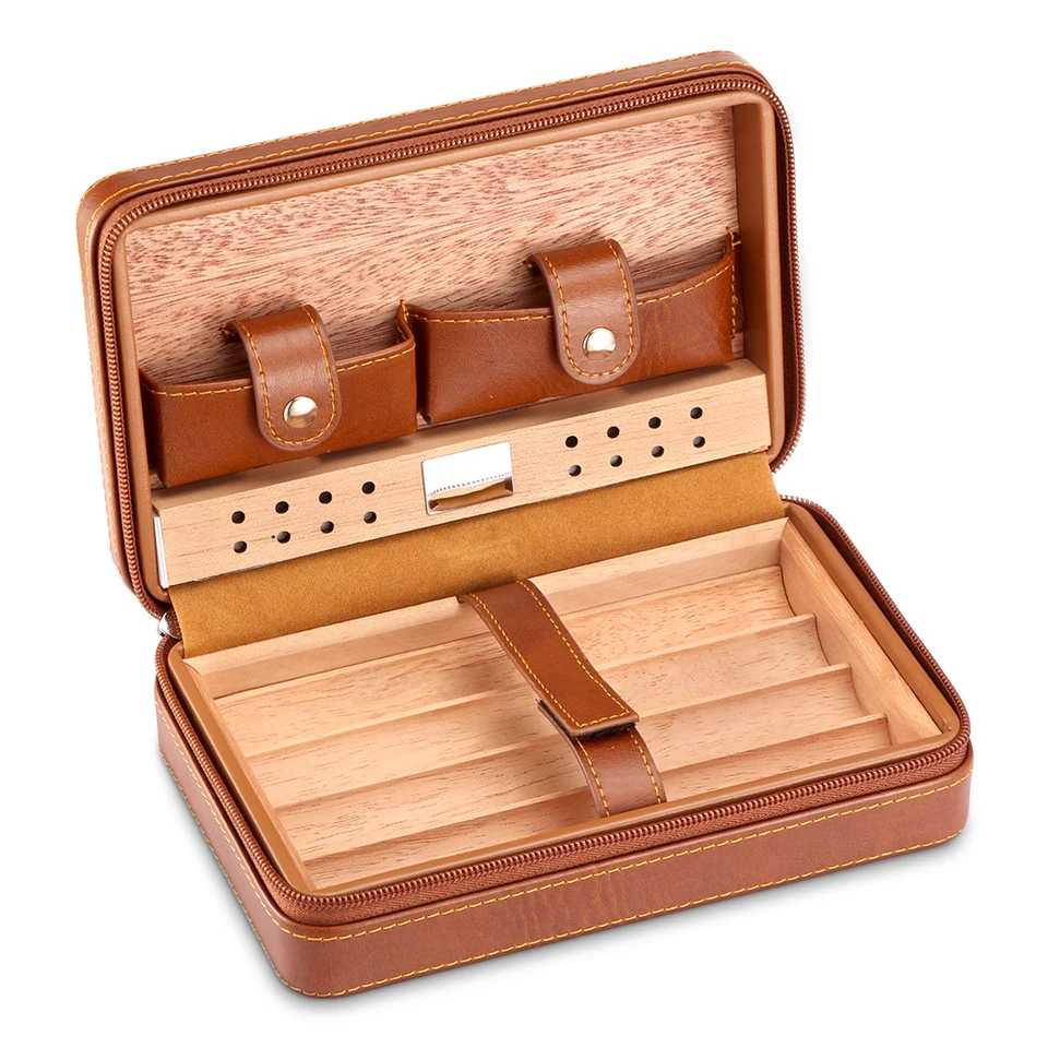 Cedar Wood Leather Cigar Humidor Travel Case