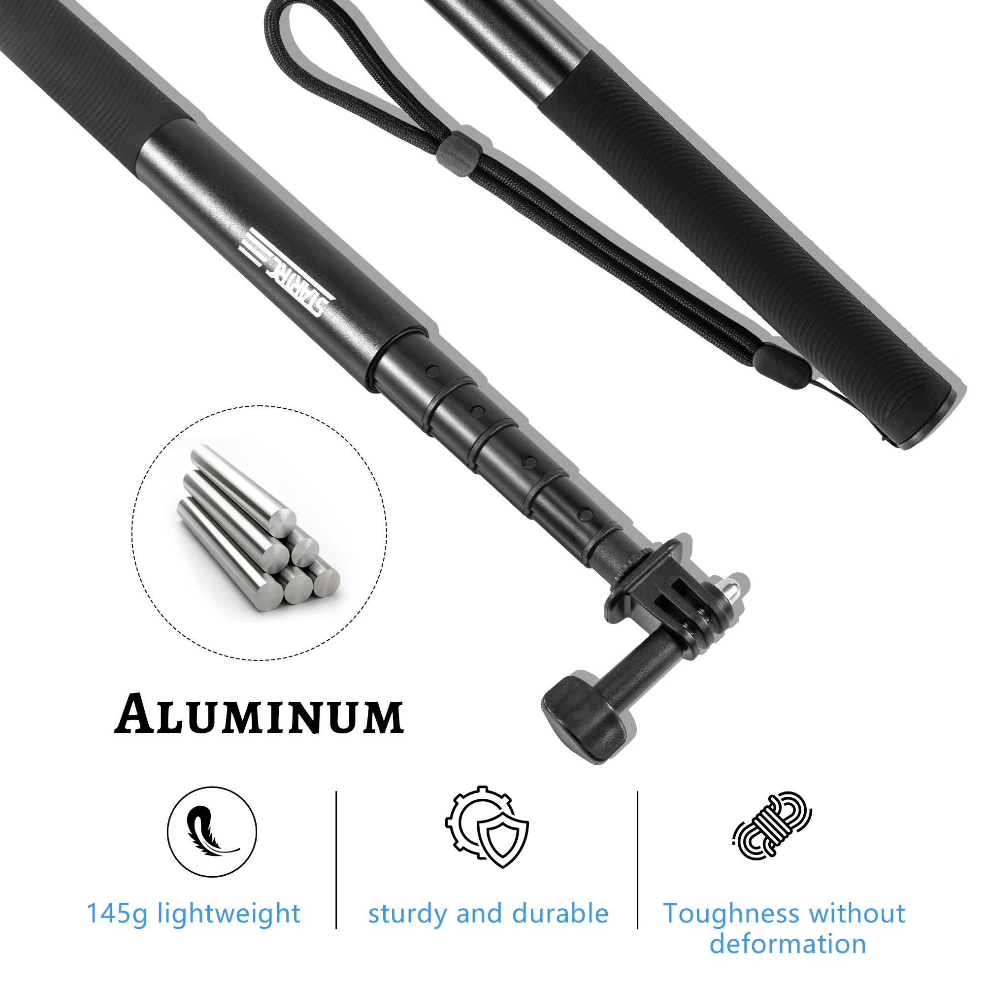 Gros plan sur le support double griffe de la perche selfie télescopique 132cm, maintenant une caméra action.
