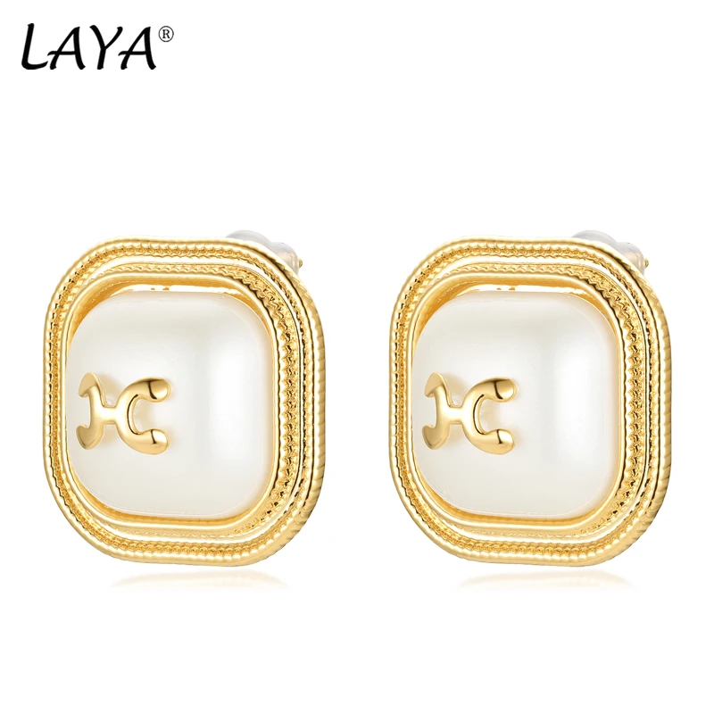 

LAYA Jewelry 925 Silver Needle Vintage High Quality Brass Square Simulated Pearl Earrings For Women Girl Wedding Gift Hot Sale