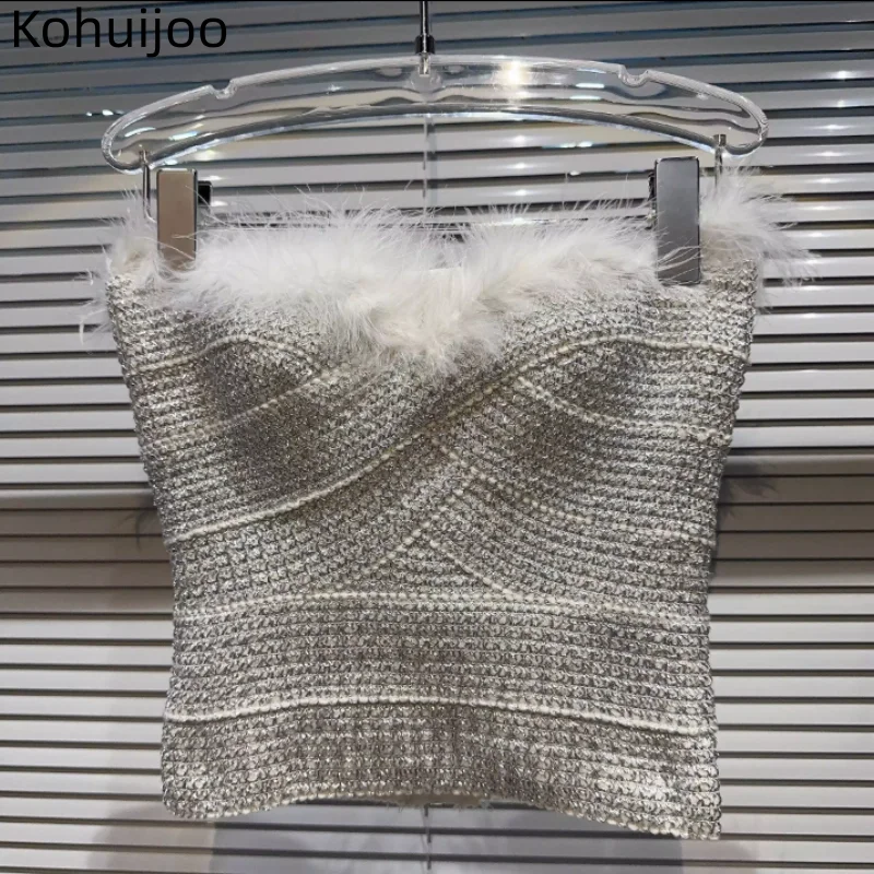 

Autumn New Arrived Feathers Patchwork Sleeveless Ladies Tops Bright Silk Tweed Woolen Sexy Hotsweet Strapless Club Ladies Top