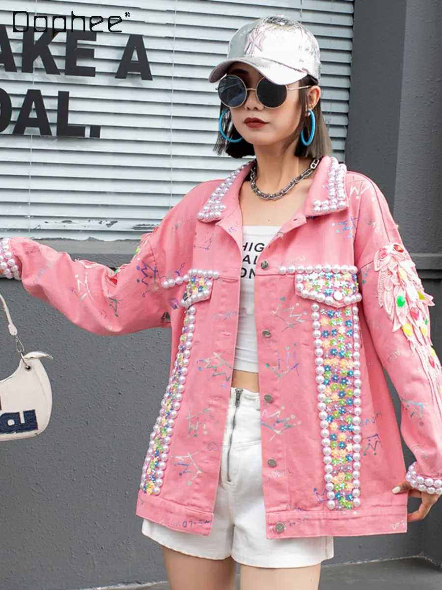 

Exquisite Rhinestone Long-Sleeved Denim Jacket 2023 Spring New Loose Mid-Length Pink Single-Breasted Jacket Jeans Jacket Women