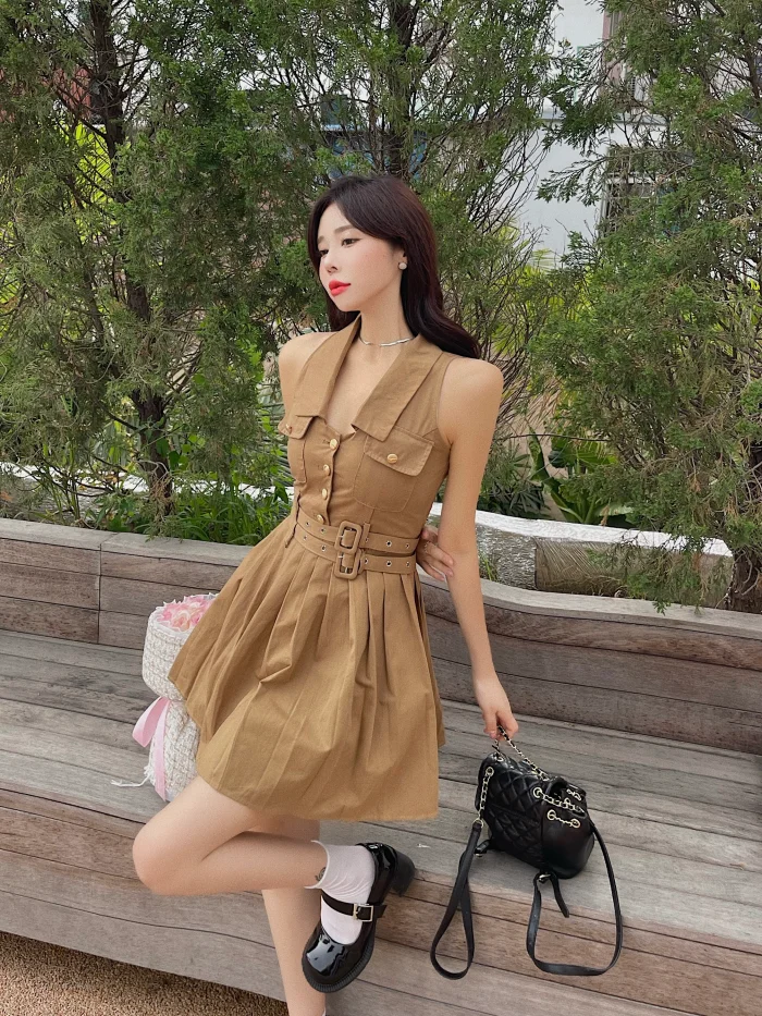 Vintage Korean Fashion Lapel Sleeveless Pleated Mini Dress Elegant