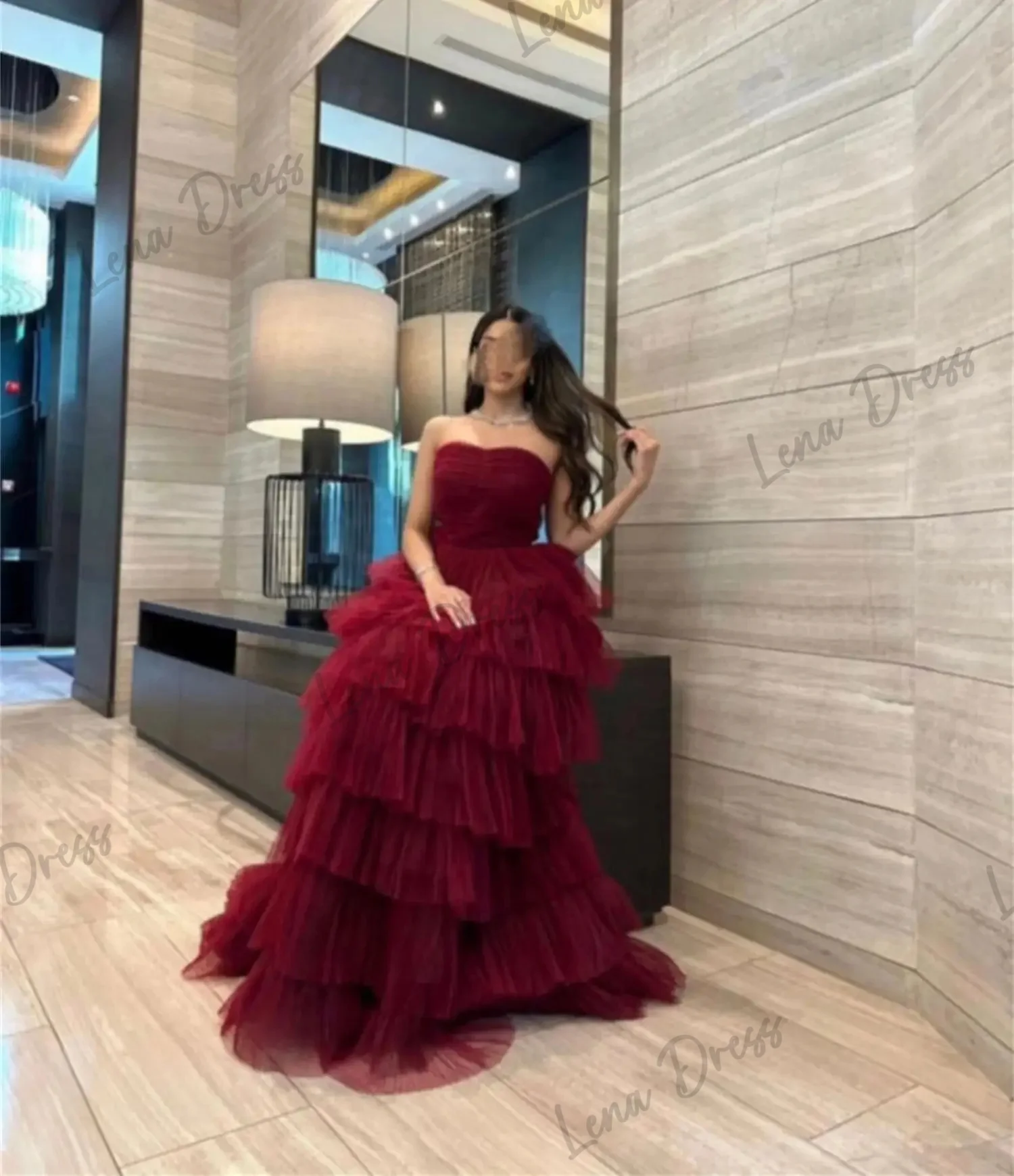 

Lena-Ball evening dress suitable for ordering mesh fabric for Eid al Fitr layered deep purple red formal birthday party dress