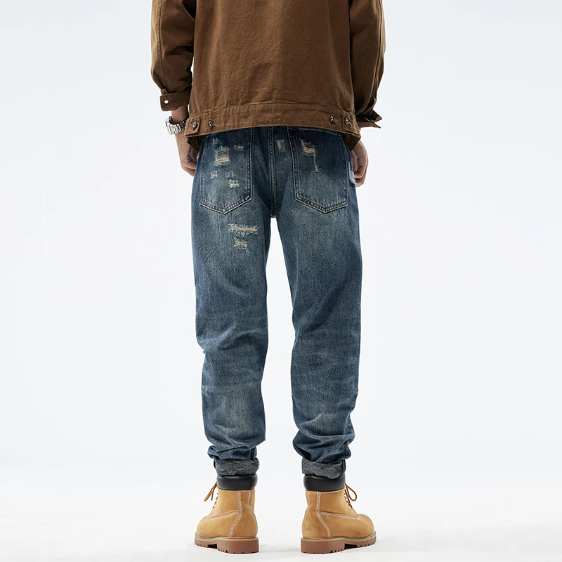 Personalized high street beggar style casual men's jeans Y2k broken hole patch embroidery design loose jeans men's youth pants