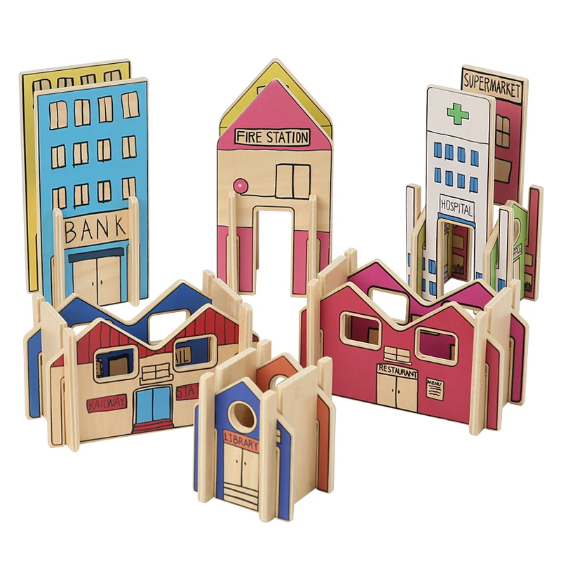 Waldorf Houses Game Wooden Village Construction Town Building Blocks 3D Architectural Puzzle Set For Kids