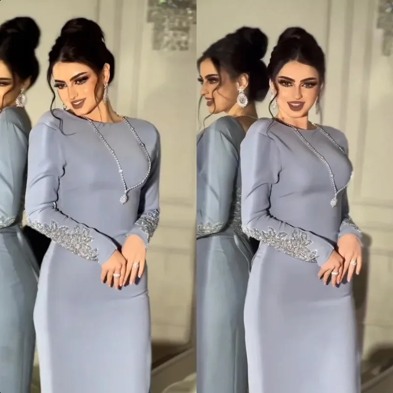 

Aleeshuo Saudi Arabia Sky Blue Shiny Beaded Appliques Evening Dresse Long Sleeves Party Prom Sexy Backless O-Neck Evening Gown