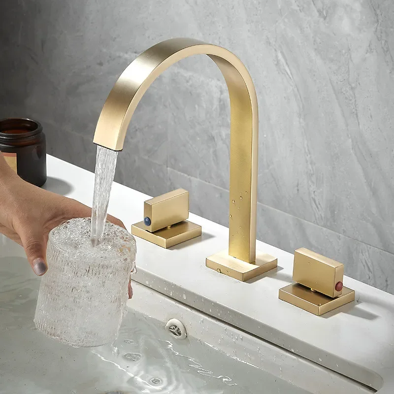 Brushed Gold Basin Faucet  Sink Tap Gold Square Brass Bathroom Sink 3 Hole Double Handle Hot And Cold Water Tap