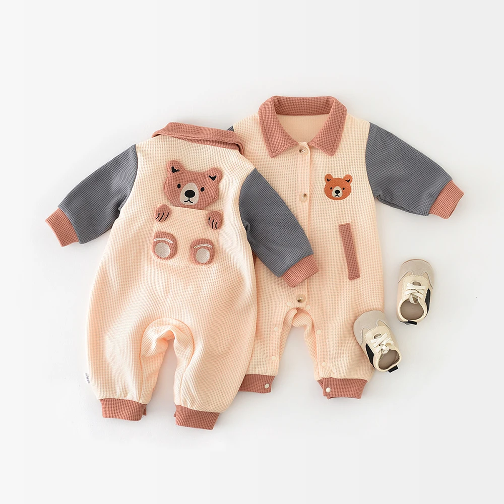 

Baby boy girl jumpsuit waffle plaid knitted long-sleeved bear patch romper newborn cute jumpsuit infant cotton clothes