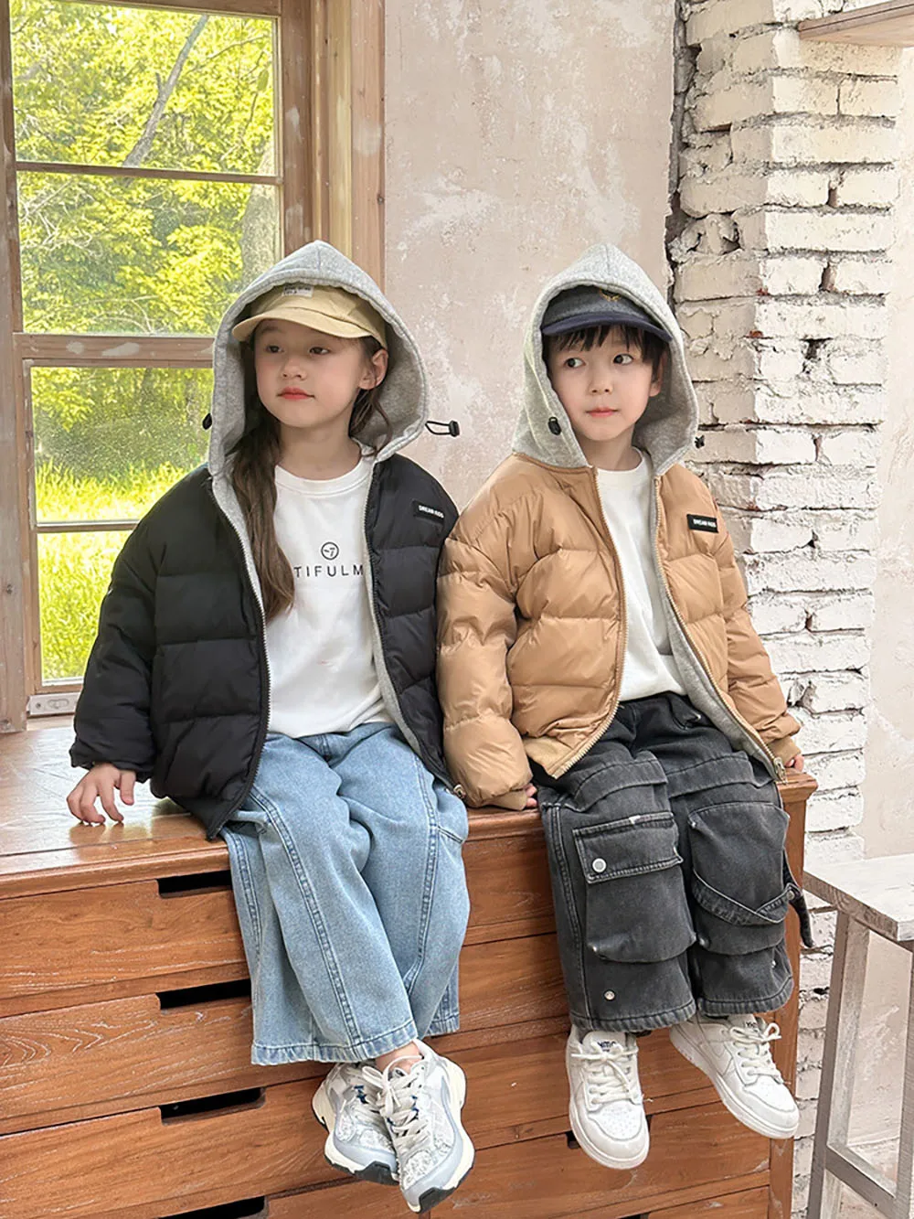Children Down Coat For Winter Thick Warm Padded Clothes Solid Color Casual Hooded Coat Two-sides Use Boy's Girl's Down Jacket