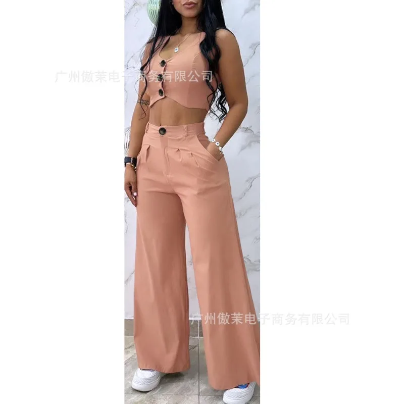 

2024 Autumn Winter New Women's Solid Color Short Vest Casual Wide-Leg Pants Two-Piece Set