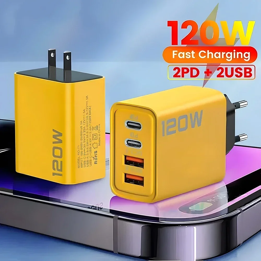 120W 2 USB+2 Type-C 4 Ports Wall Charger Fast Charging EU/US/UK Plug Power Adapter Xiaomi iPhone Samsung Huawei Phone/Tablet