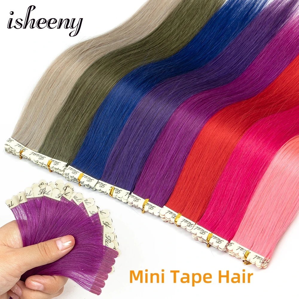 Isheeny Mini Tape Hair Extensions 10pcs Machine Made Remy Hair Seamless On Glue Real Human Fancy Color