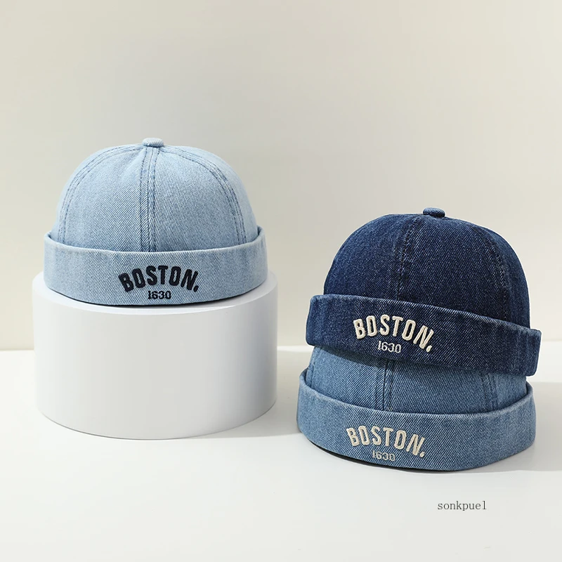 Washed Denim Baby Brimless Hat Retro Letter Embroidered Melon Cap for Infant Boy Girl Summer Adjustable Kids Docker Caps 2