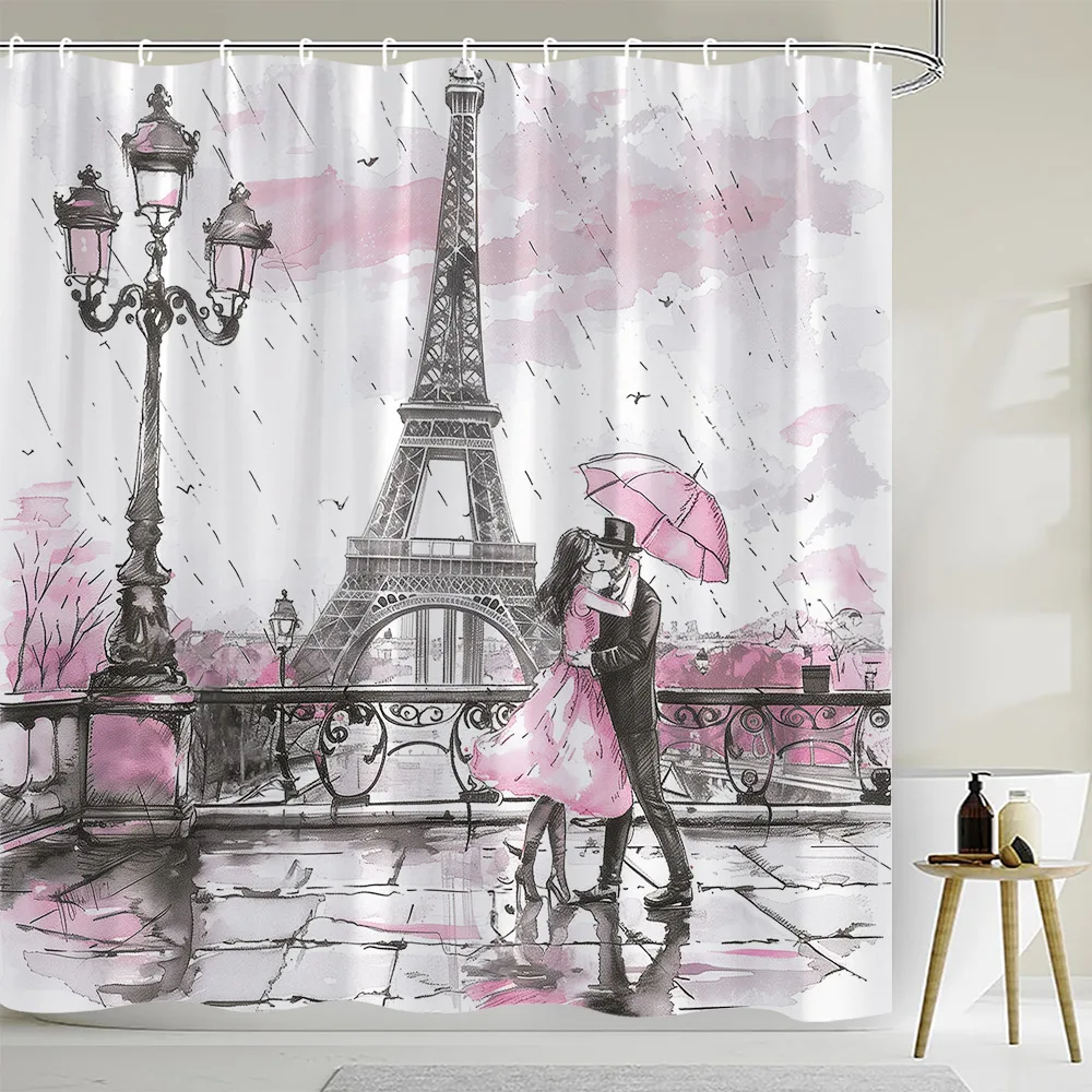

Штора для душа «Парижская башня», винтажная розовая романтическая суставка, декоративная моющаяся занавеска из полиэстера с рисунком цветов и чернил для ванной комнаты