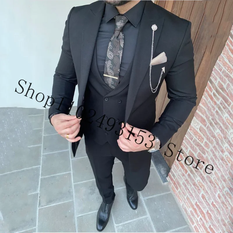 Black 3 Pieces Male Suits Formal Groomsmen Suits Best Men Wedding Suits Groom Wear Tuxedos Blazer+Vest+Pants Costume Homme