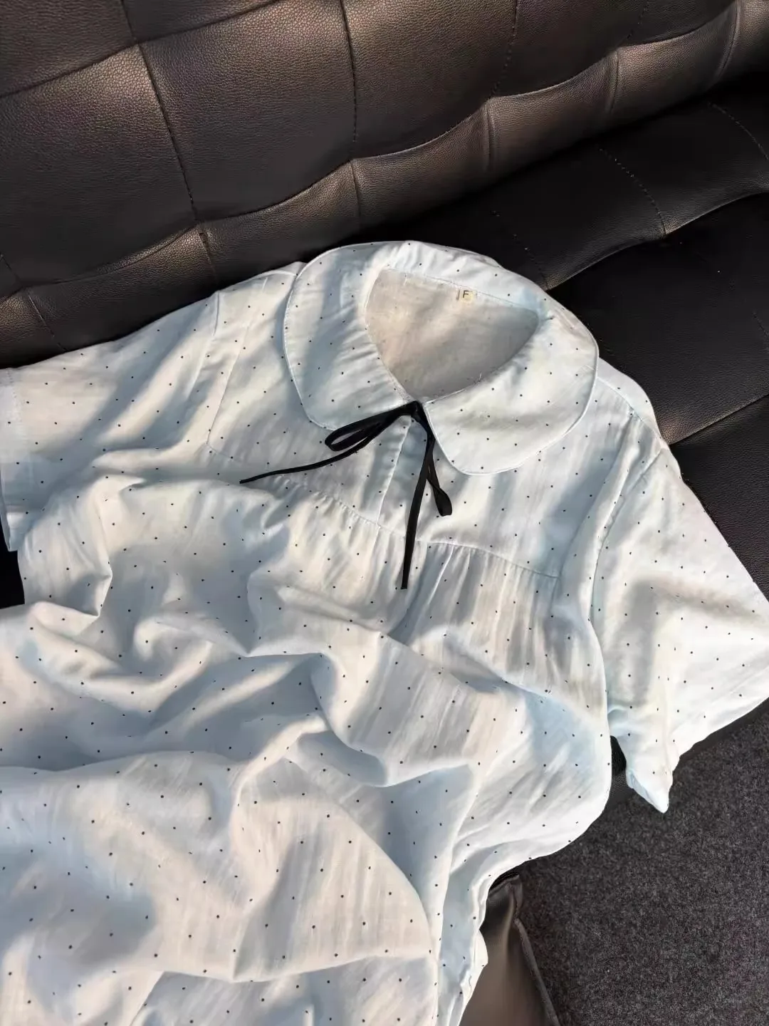 Sweet Blue Polka Dot ort Sve Sp Dr Women's Korean Sle Doll Collar Loose Outerwear Mid-Length Spwear Dr