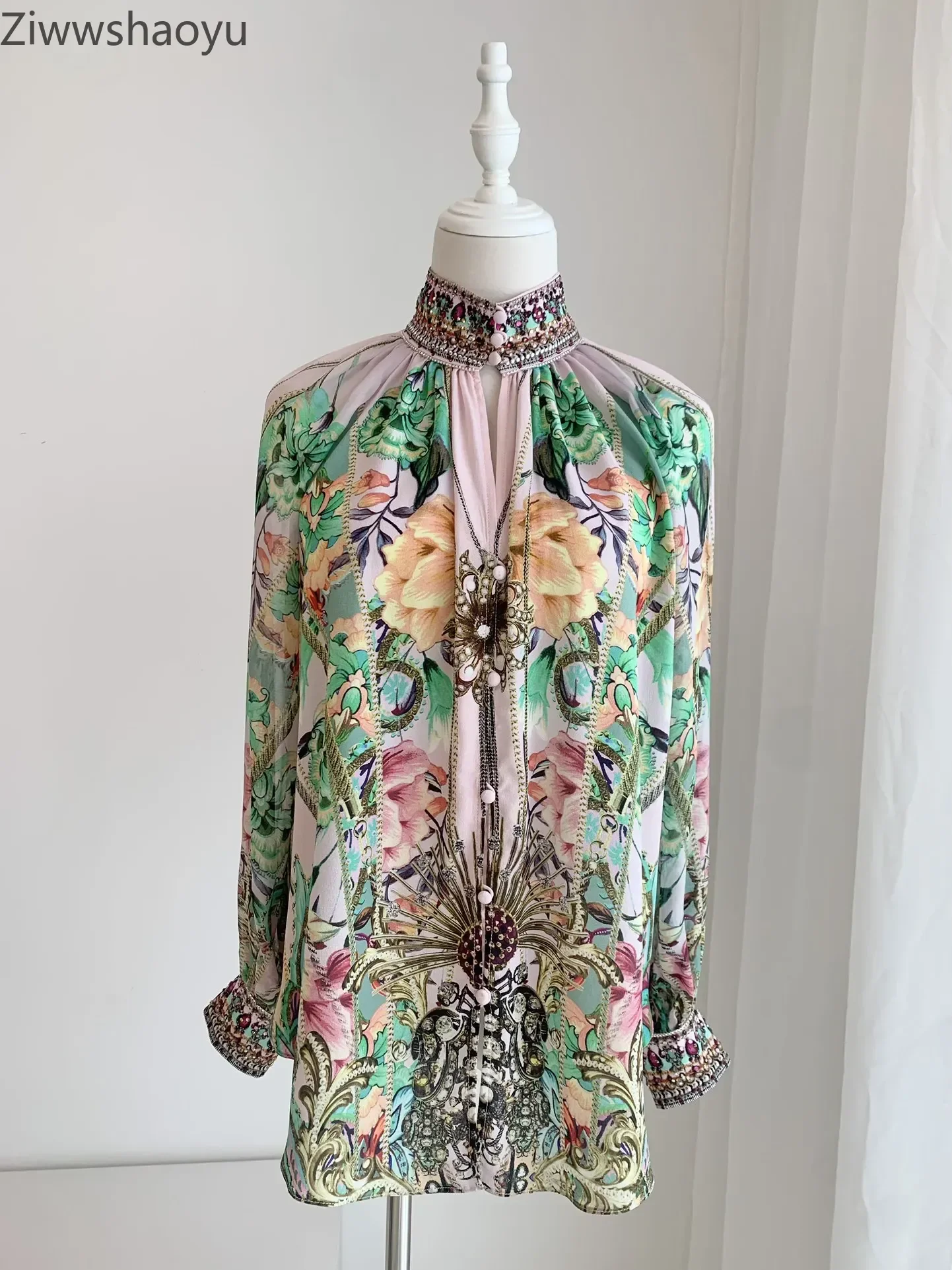 

Женская модельная винтажная рубашка из 100% шелка с цветочным принтом