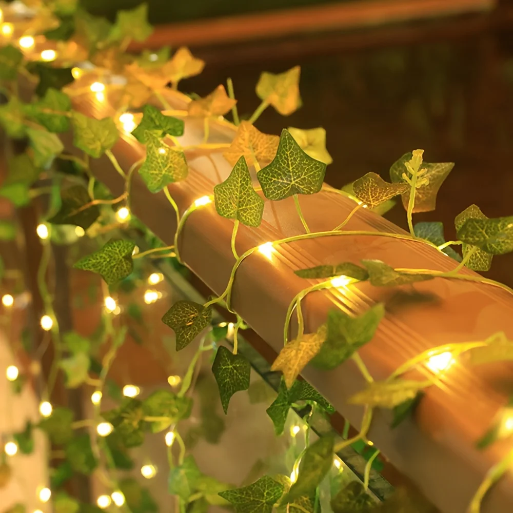 Battery Powered LED Silk Leaves Fake Creeper Green Leaf Ivy Vine LED String Light Garden Yard Hanging Garland Artificial Plants