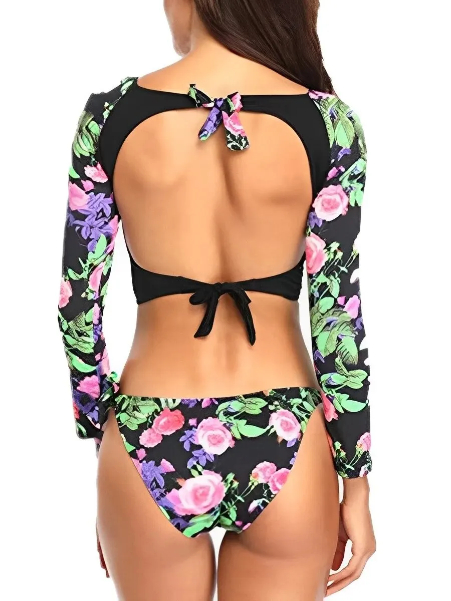 Long Sleeve Surfing Swimsuit Printed Swimwear Women Backless Two Pieces Rashguard Diving Clothes Bathing Swimming Swim Suit