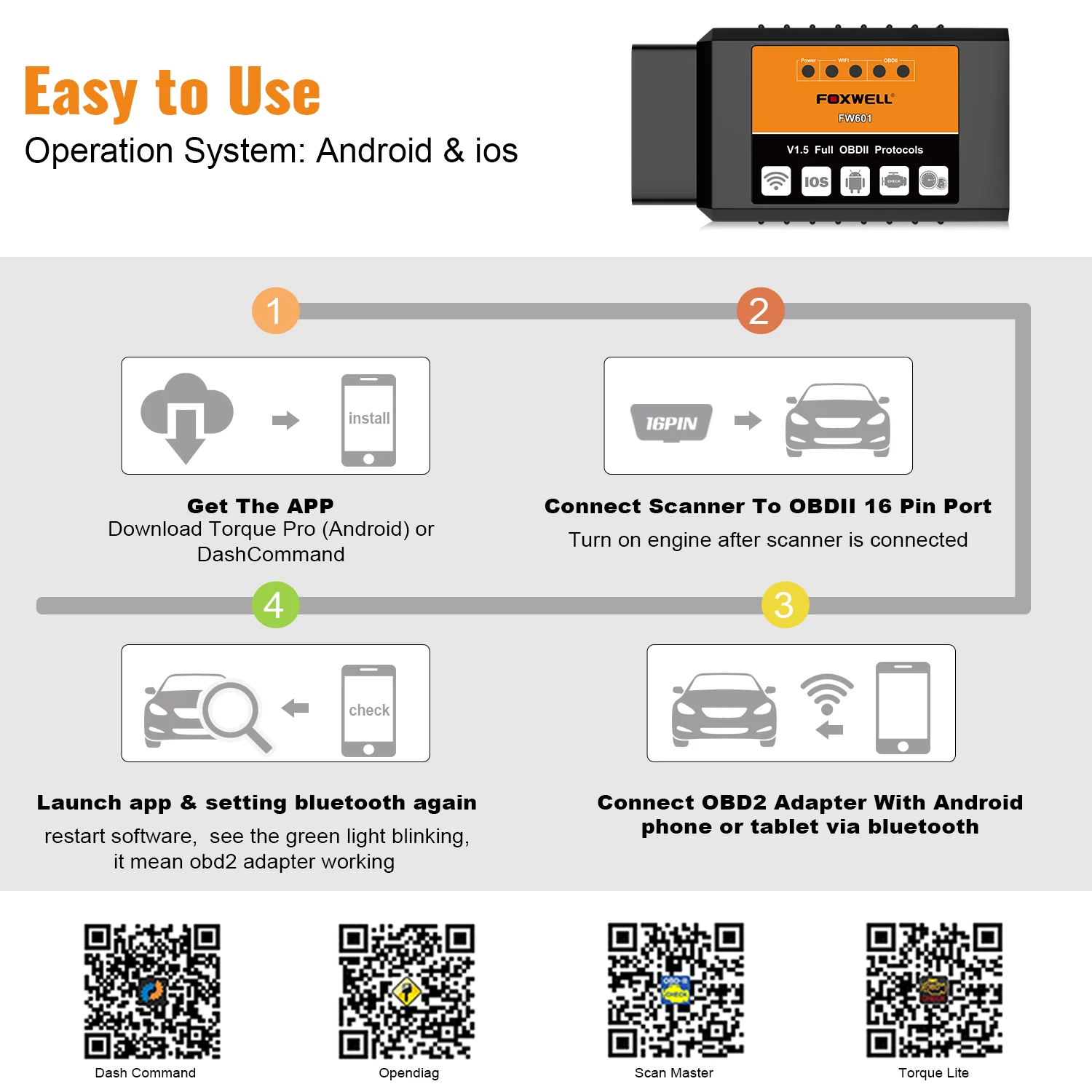 FOXWELL FW601 Universal OBD2 WIFI ELM327 V 1.5 PIC18F25K80 Scanner for Android /IOS ODB2 OBD2 Code Reader Car Scan Tool ELM327 5
