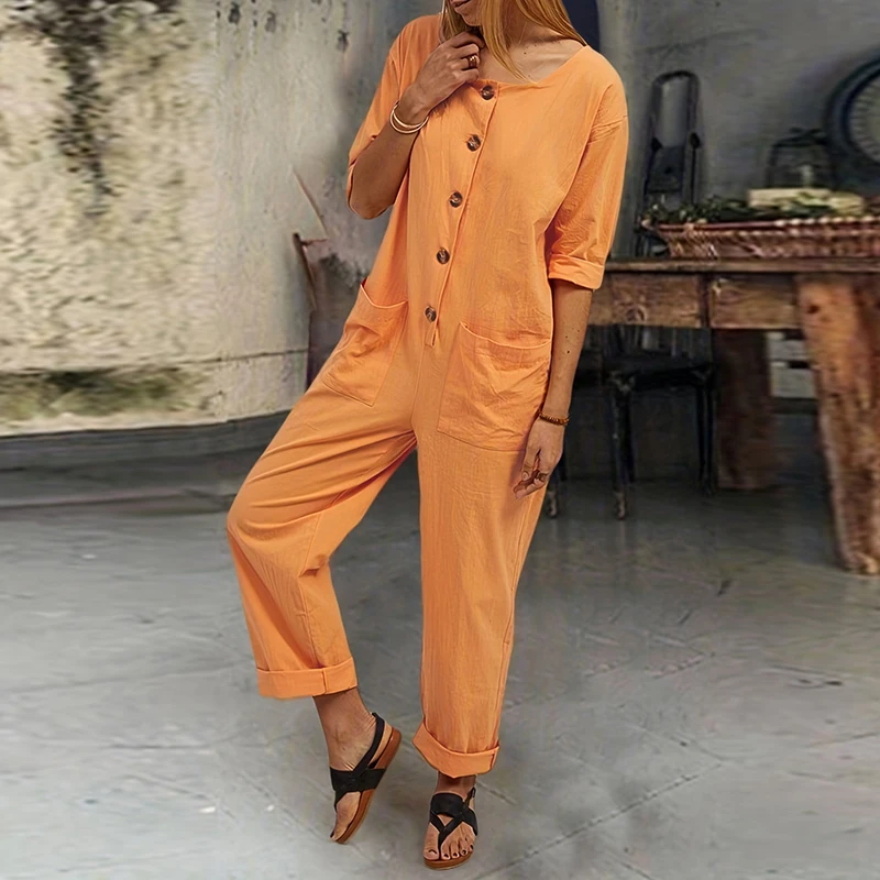 

Simple Casual Crew Neck One Piece Jumpsuit Women Spring Button Pocket Romper Playsuit Fall 3/4 Sleeve Harem Pants Overalls Mujer