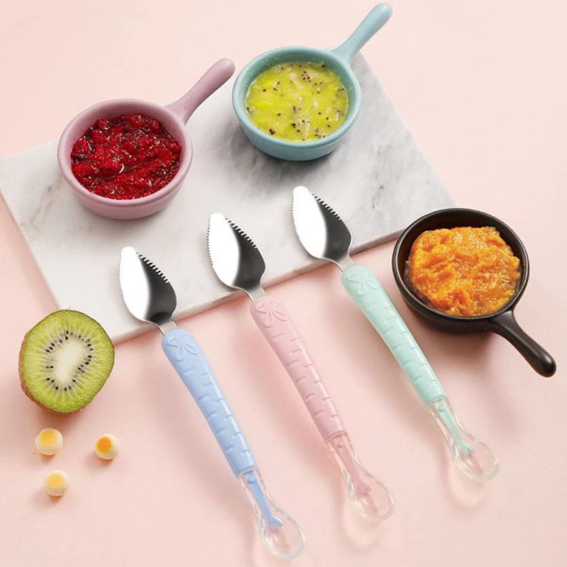 

Baby Scraper Apple Puree Spoon Tableware Supplement Food Scraping Mud Double-Headed Stainless Steel Kids Fruit Puree Tools