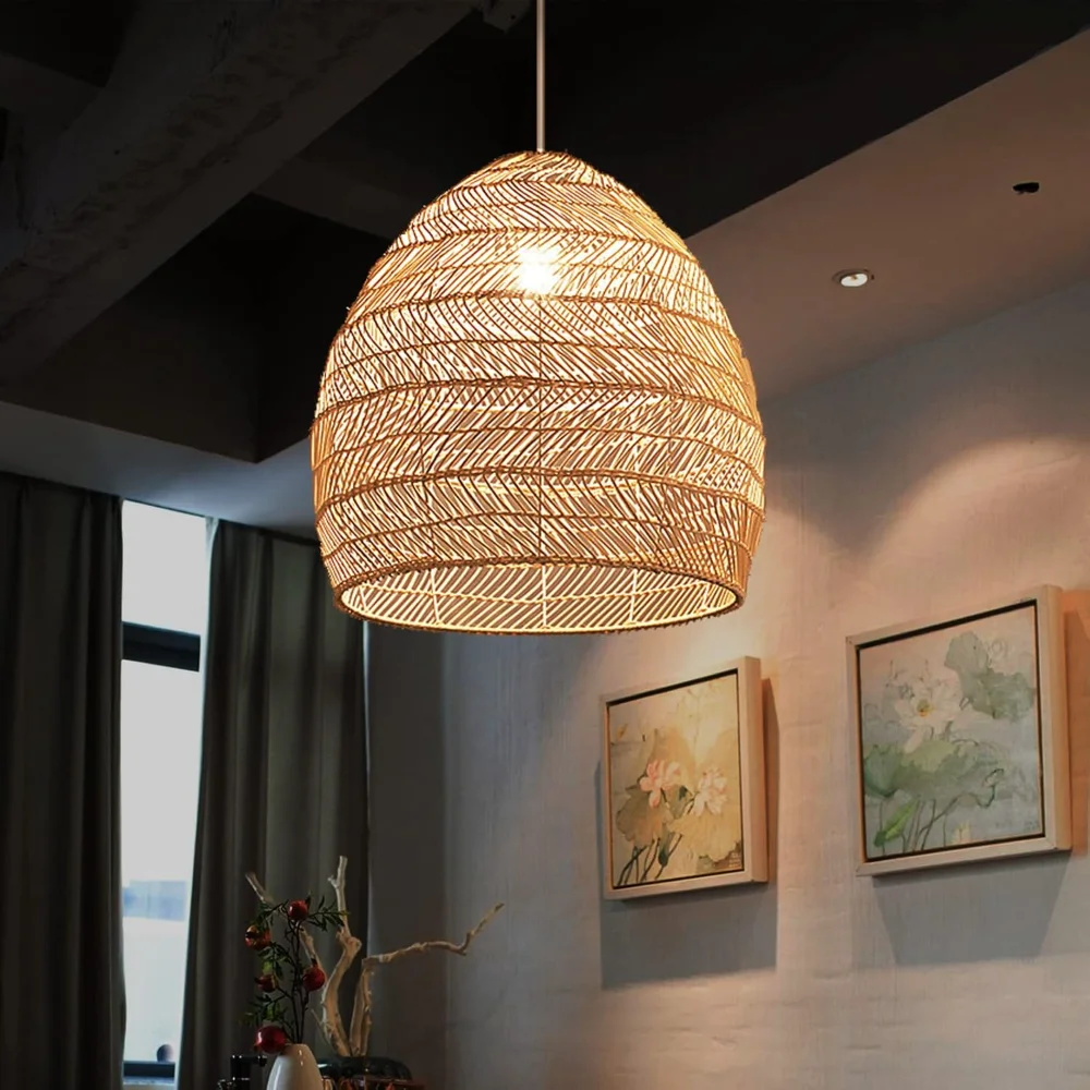 Rattan Woven Pendant Light Shades,Kitchen Island Pendant Light,Handmade Hanging Lamp Crafts Lampshade for Living Dining Room