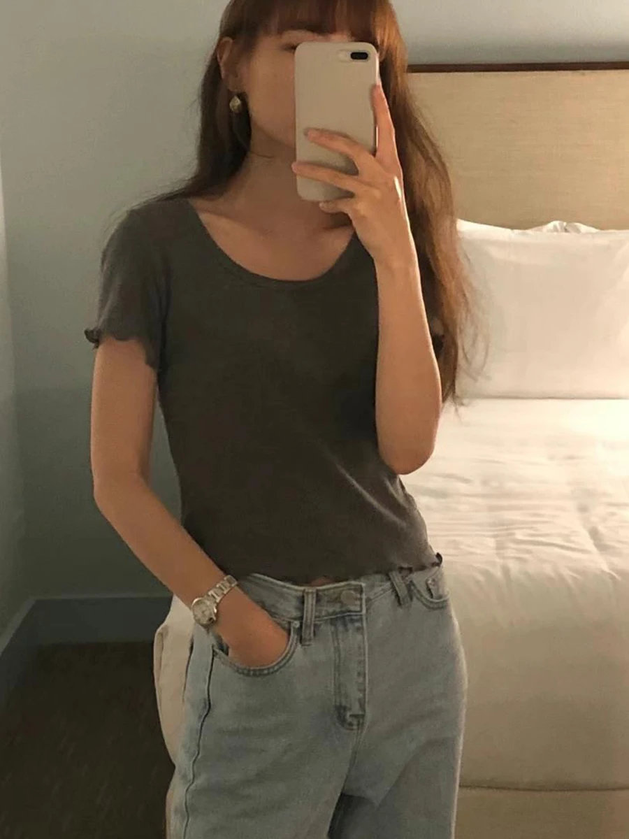 

Solid Fashion Cropped Tops For Women Round Neck Short Sleeve Fungus Slim Female T-shirt Streetwear Elegant Ladies Tees 2023 New