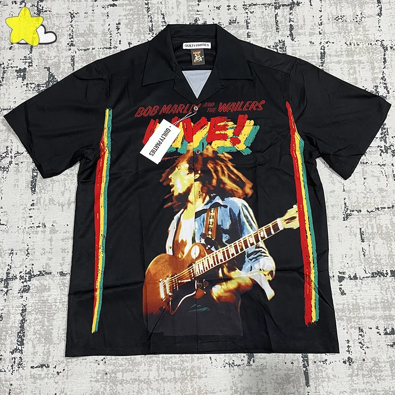 

23SS Hawaii Beach Style Black White Brown Wacko Maria Shirt Streetwear Graffiti Letter Line Printing Shirts For Men Women