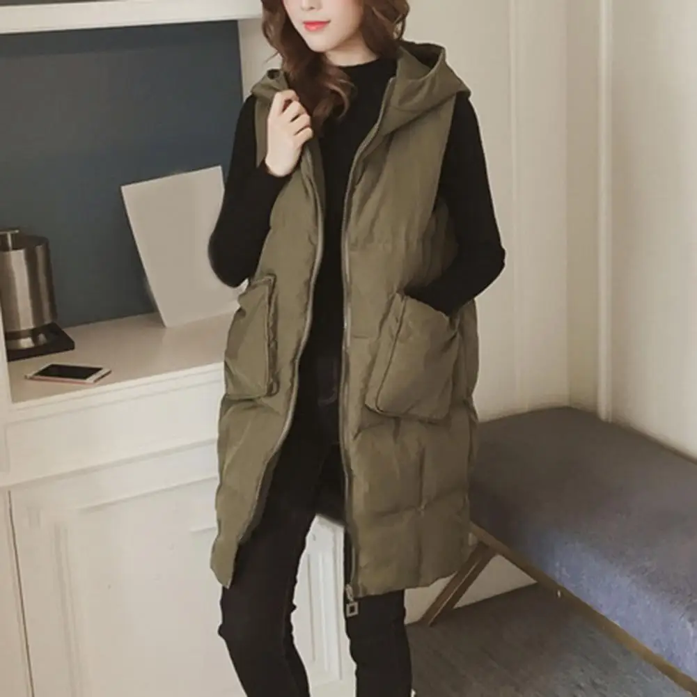 Women Autumn Winter Vest Stylish Women's Hooded Sleeveless Vest Coat with Pockets Long Winter Waistcoat in Solid Color Zipper