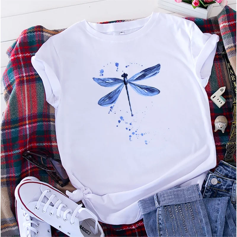 

Fashion Trendy Dragonfly Pattern Women's Cotton Short Sleeve Casual Round Neck T-shirt Women's Tops Free Shipping