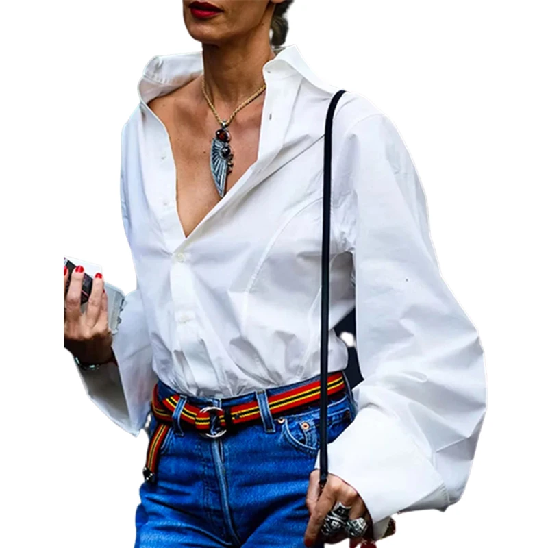 

Lemongor Fashion Women Buttoned Solid Color Lapel Blouses 2023 Spring Autumn New Long Sleeve Loose Causal White Shirts Tops