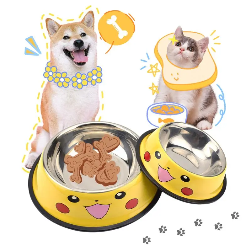 

Cartoon Pikachu Stainless Steel Dog Food Bowl Feeder Pet Water Bottle Pokemon Anime Toy Figure Kawaii Cat Bowl Puppy Accessories