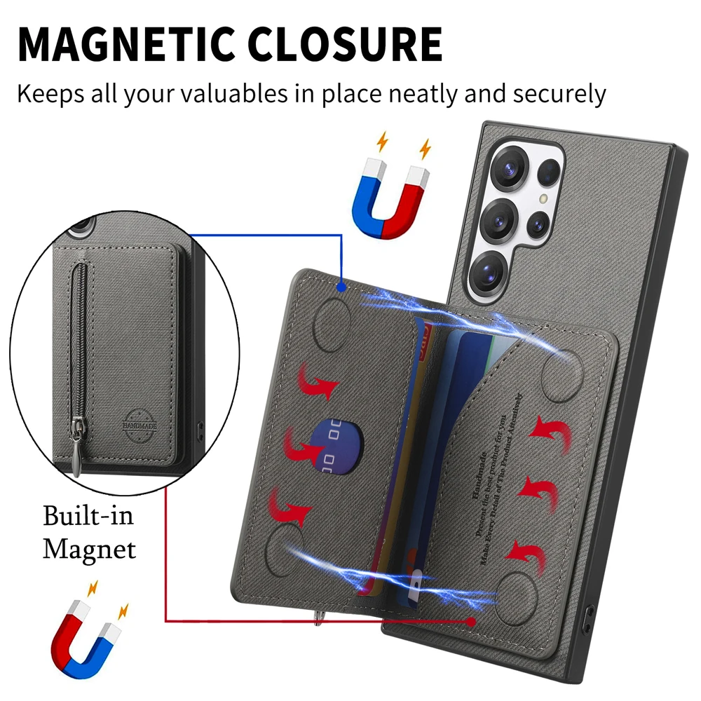 Zippered Leather Wallet Phone Case with Card Holder and Stand