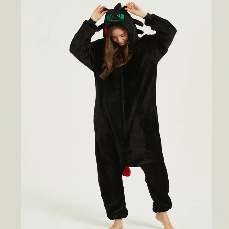 Winter Anime Black White Onesies Pajamas Animal Cartoon Flannel Costume Unisex Adults Halloween Party Jumpsuit With A Tail