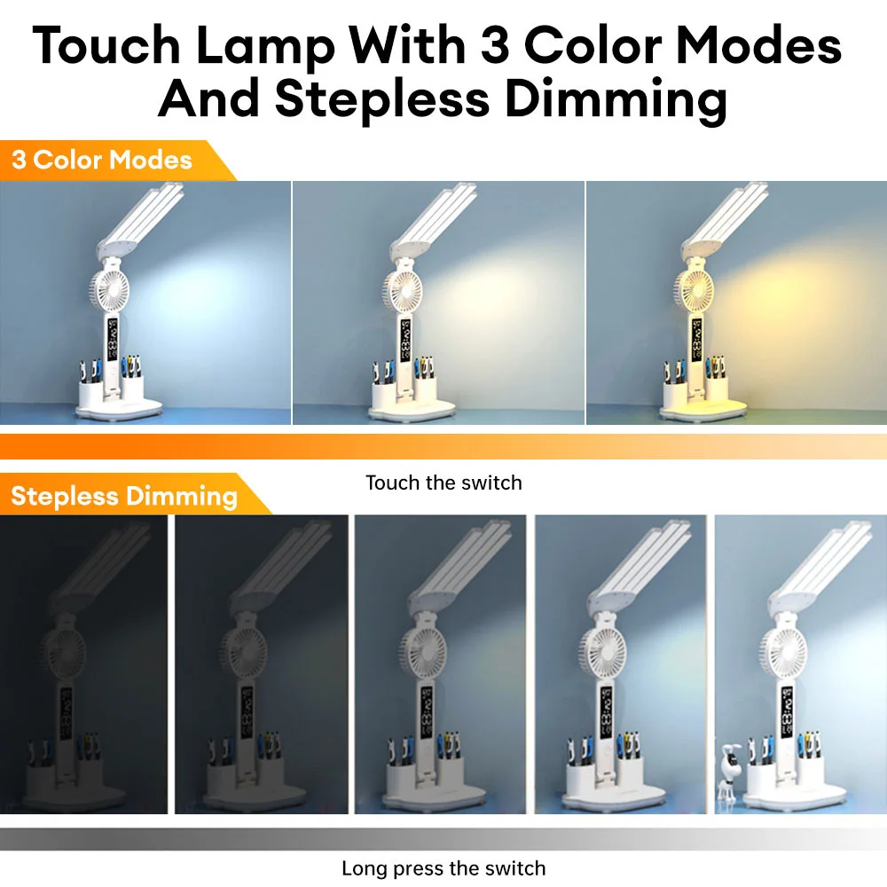 Multifunction LED Four-headed Folding Table Lamp Fan Calendar Clock USB Rechargeable 3 Color Reading Night Light desk lamp night light led desk lamp book light mini night light mini led light