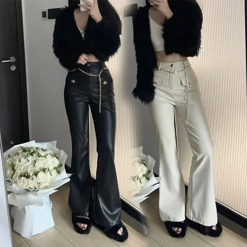 Vintage Micro La PU Leather Pants 2023 Autumn/Winter High Grade Slim Sweeping Floor Flare Pants Long Pants Wide Leg Pants