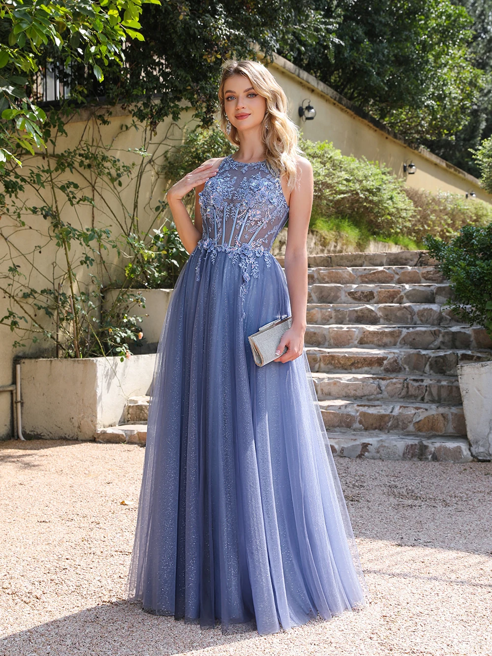 Soft Shiny Tulle Evening Dresses Elegant Appliques Sexy Backless Fish Bone Illusion Prom Formal Party Gowns Evening dresses