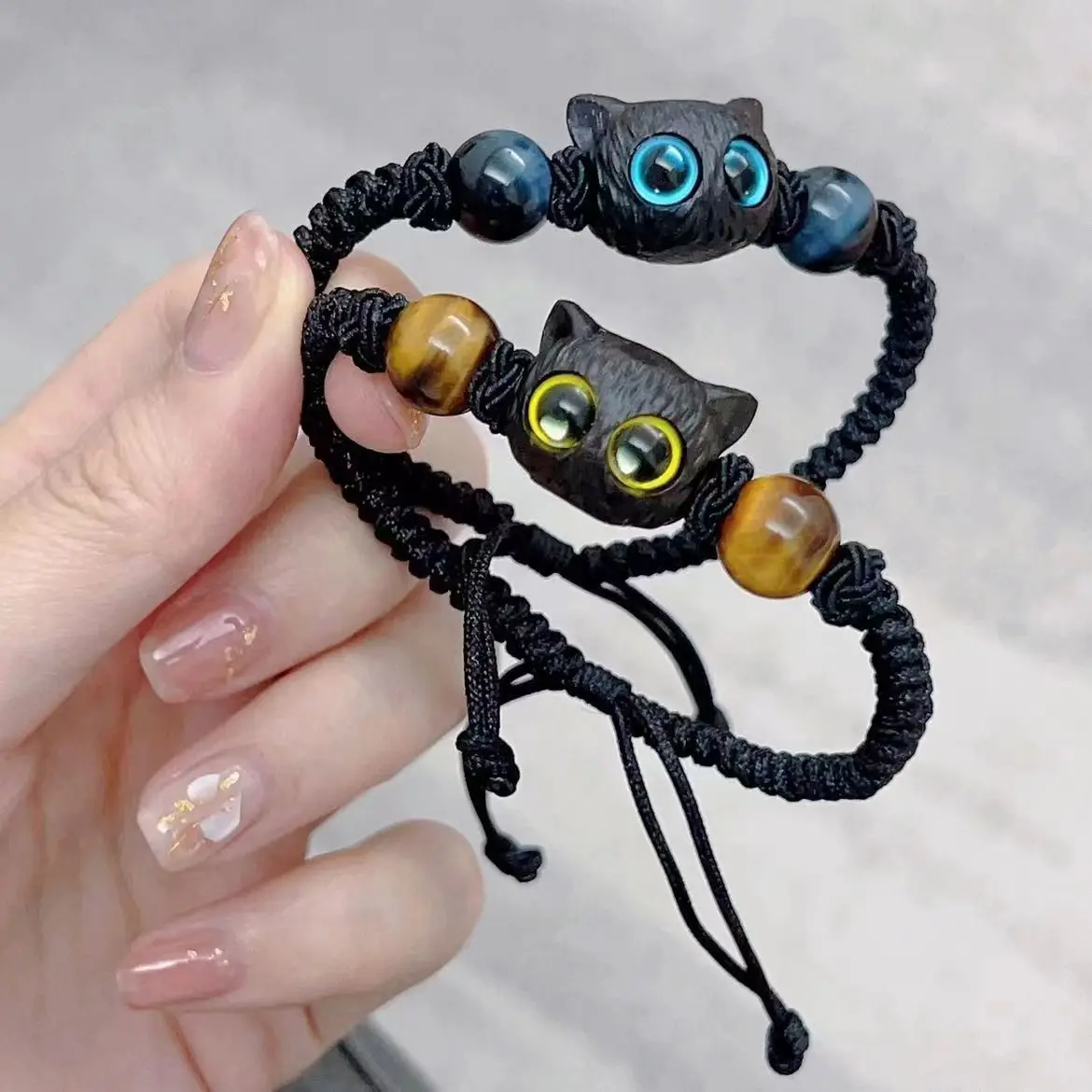 

Lovely Little Cat Couple Bracelet with Imitation Wood Crystal Woven Rope
