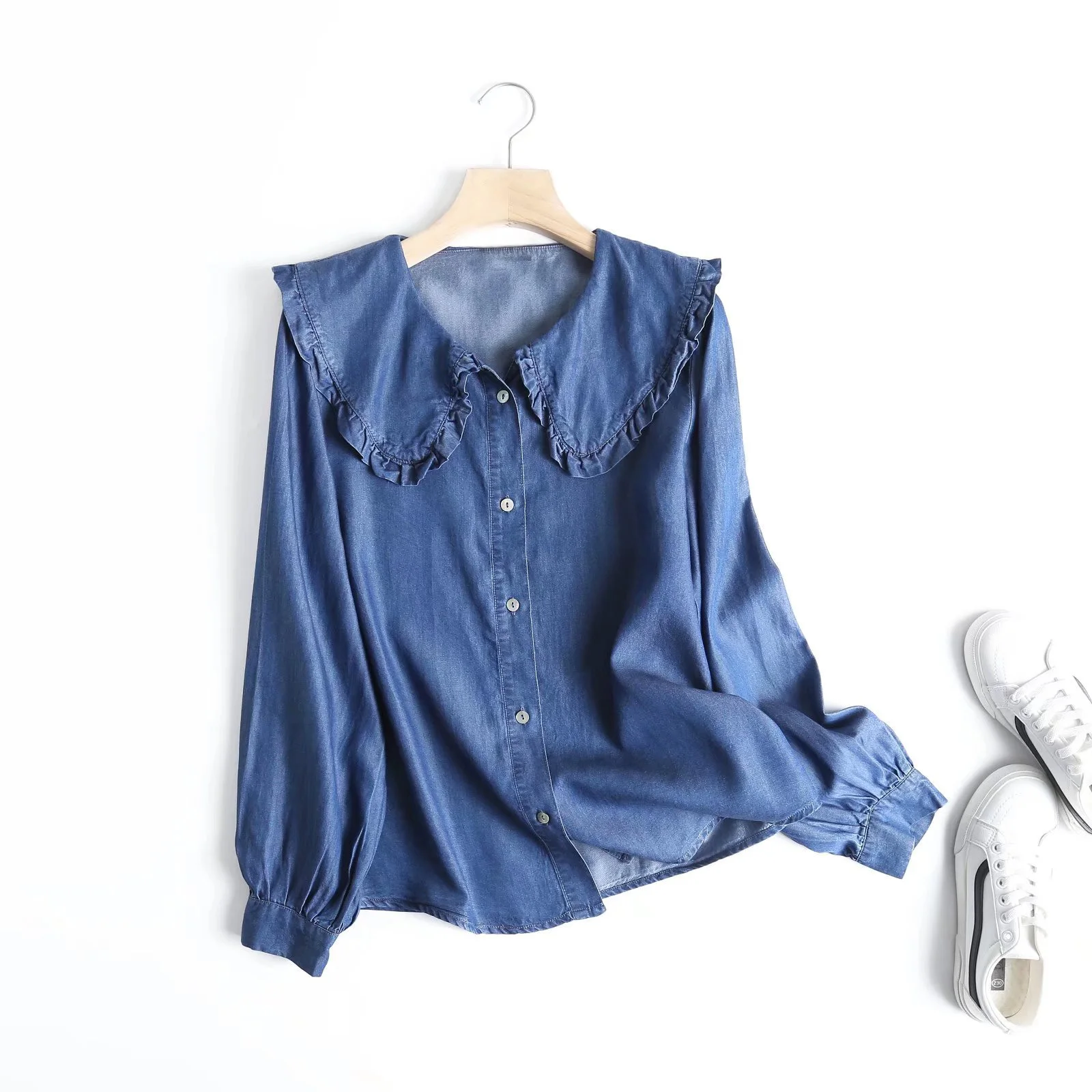 women soft denim shirt blouse button up long sleeve spring shirt casual
