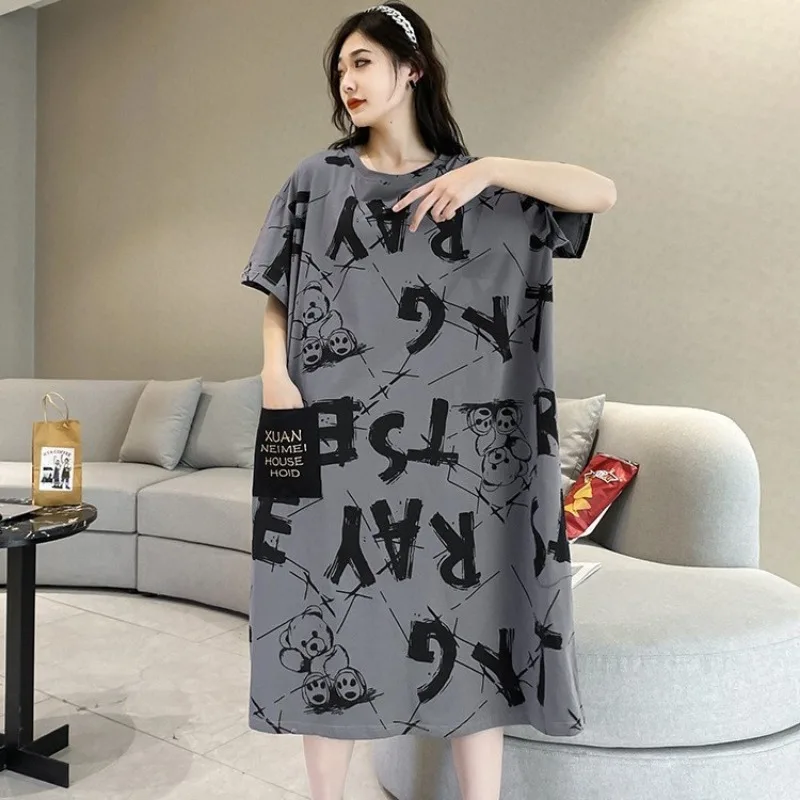 Large Size Nightdress Summer Women 200 Catty Loose Dress Cartoon Long Home Skirt Can Be Worn Outside Summer Dress lingerie