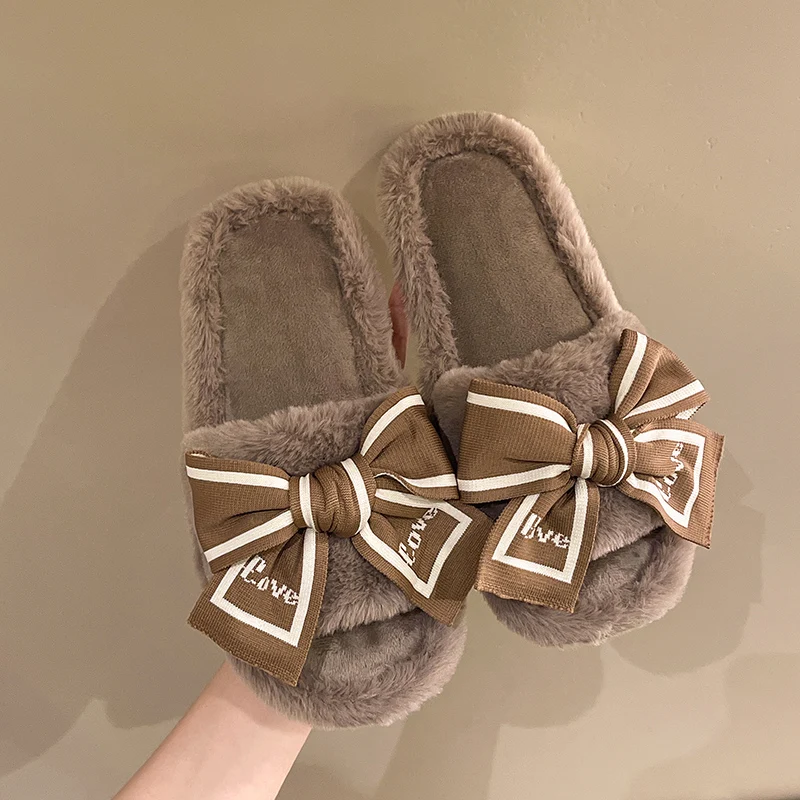 Women's Fuzzy Winter House Slippers With Bow Platform_voghion.com
