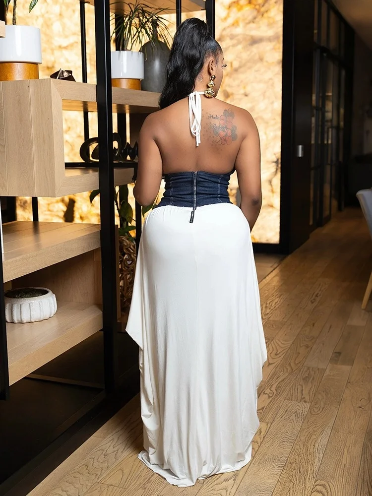 Wmstar Dresses for Women Wholesale Sexy Patchwork Denim High Waist Deep V Neck Big Swing Long Length Dress Drop Shopping