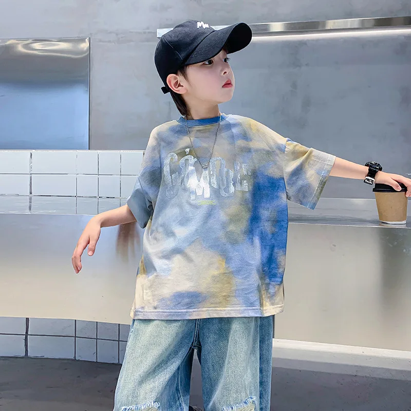 

Boys Summer Tie-Dyed Ice Silk Short SleeveTT-shirt2024New Children's Boys' Summer Clothes Ruoshuai Loose Top Fashion